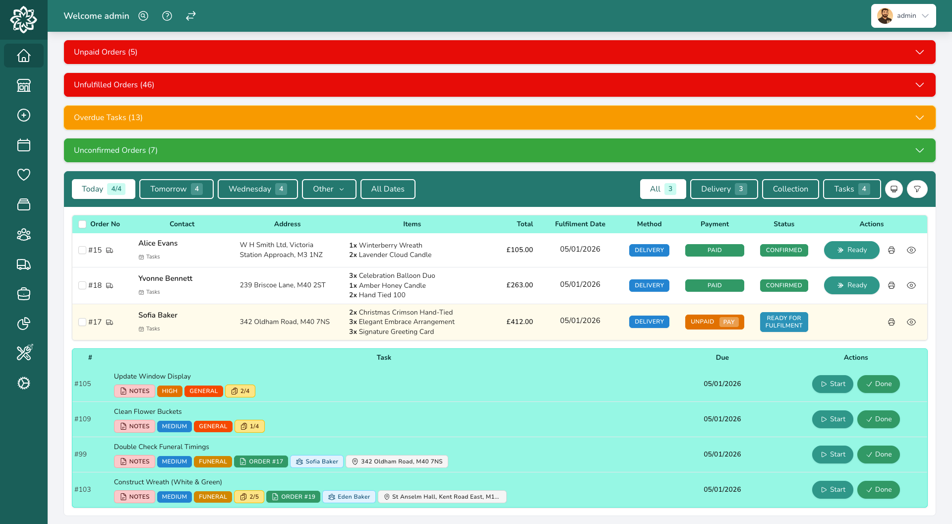 Digital Florists order management dashboard showing all channels in one view