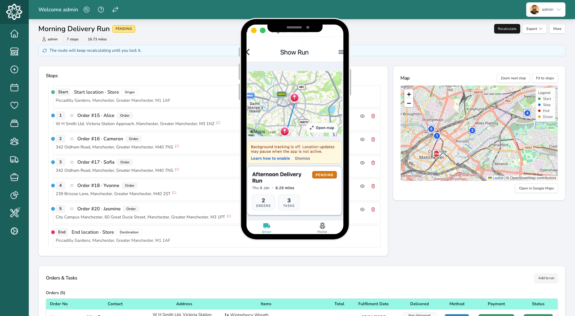 Digital Florists delivery route planner with map view