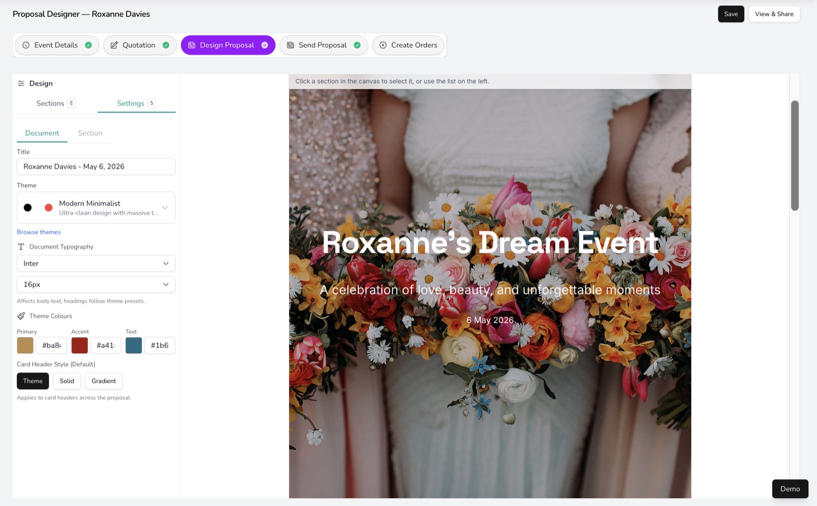 Digital Florists event proposal builder with pricing breakdown