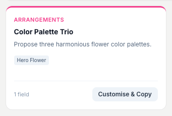 Every card shows its category and the fields you fill in before copying; ready-to-copy prompts copy in one tap.