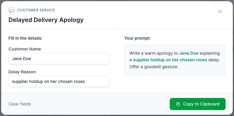 Fill in the details on the left and watch your finished prompt build on the right, then copy it in one tap.