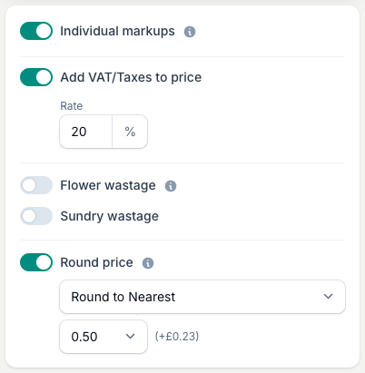 In Detailed mode you control markups, VAT, wastage and price rounding, all pre-filled from your Business Defaults.
