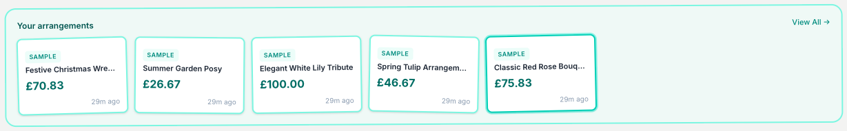Saved arrangements sit in a strip at the top. Click any card to reload it, ready to tweak and re-quote.