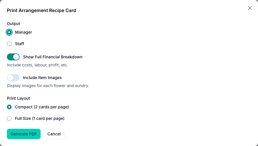 The recipe card options: Manager or Staff output, whether to show the financial breakdown, whether to include item images, and the page layout.