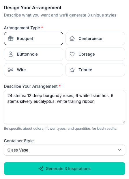 The input card: pick an arrangement type, describe the flowers you want, choose a container, then generate.