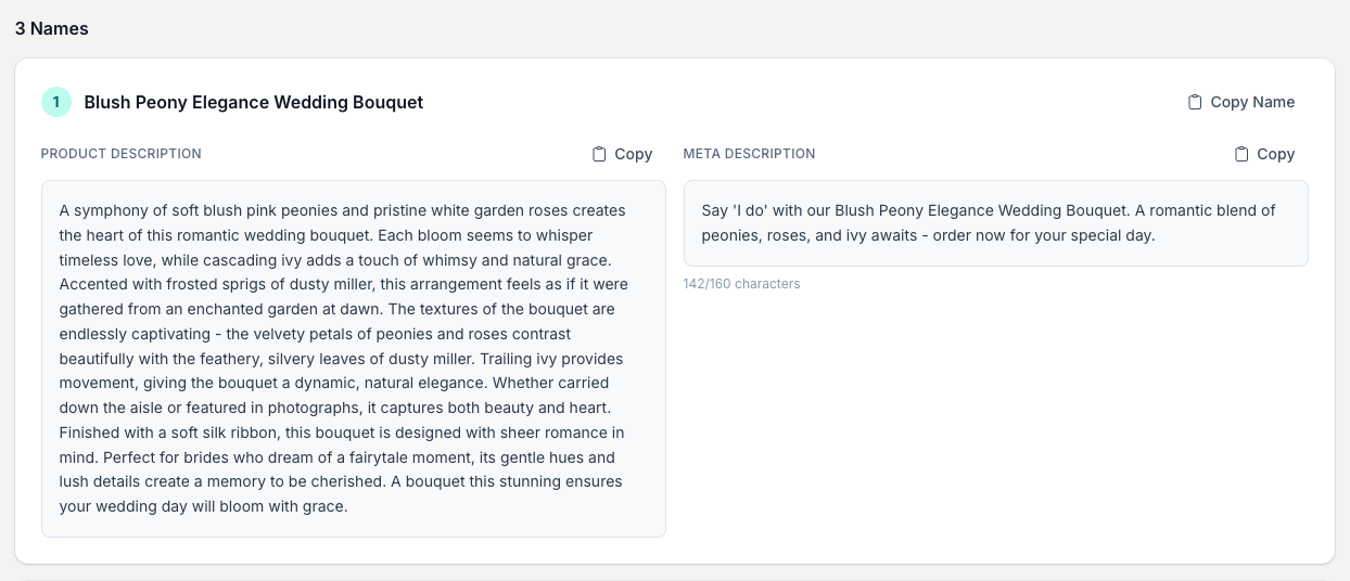 Each result gives a name, a full product description, and a meta description with a live character count, all with their own copy buttons.