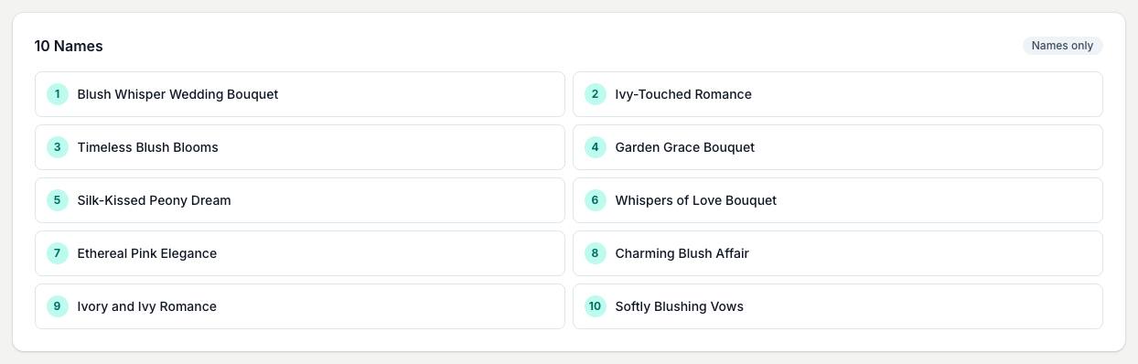 With descriptions turned off you get ten names in a quick-scan grid to browse and copy.