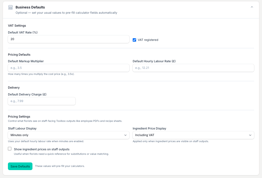 The Business Defaults form open, showing the VAT Settings, Pricing Defaults, Delivery and Pricing Settings groups with the Save Defaults button.