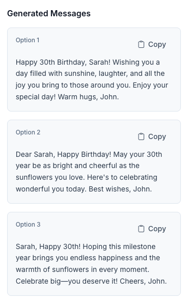 Three card messages to choose from, each with a slightly different feel and its own Copy button.
