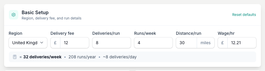 Detailed mode breaks the run into real costs: delivery fee and run details, then vehicle and fuel, then driver time.