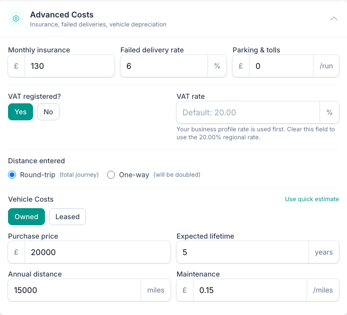 Open Advanced Costs to add insurance, a failed-delivery rate, VAT-registered status and whether your van is owned or leased.