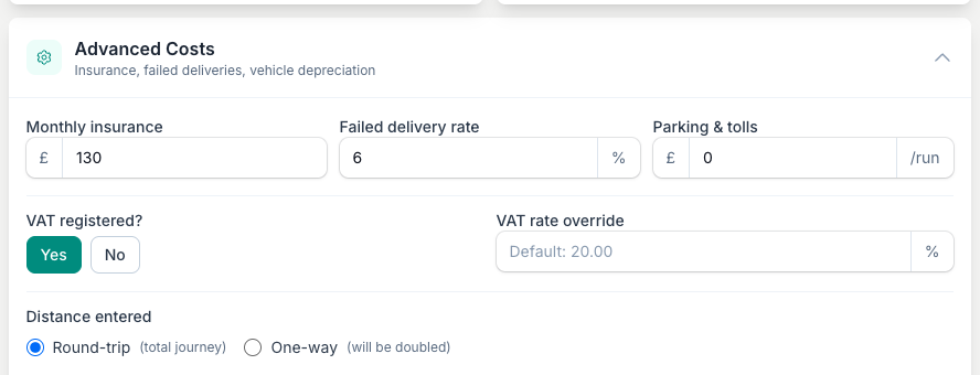 Open Advanced Costs to add insurance, a failed-delivery rate, VAT-registered status and whether your van is owned or leased.