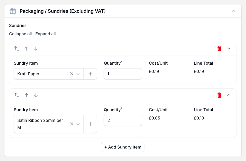 Open the packaging section and add each item you use. The cost pulls from your sundry price list.