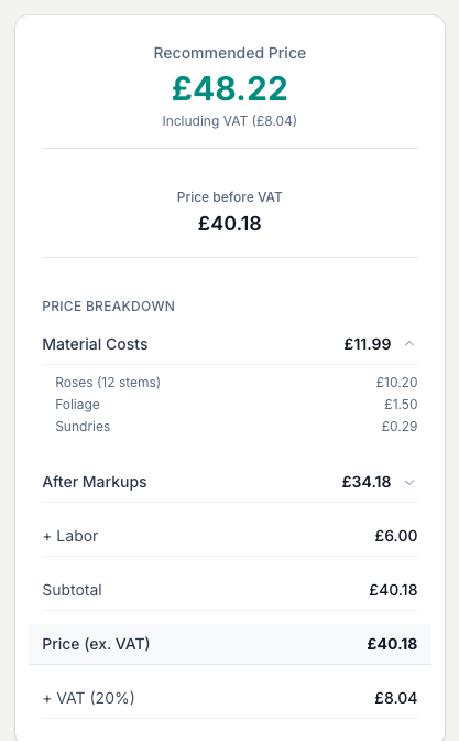 The recommended price with a full breakdown, updating as you type, so you can see exactly what makes up the number.