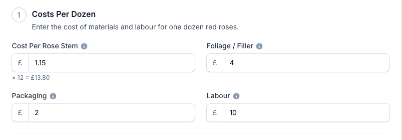 Enter your cost per rose stem (the tool multiplies it by 12 for you), your foliage, packaging and labour, then your VAT and relay fees and the price range you want to compare.