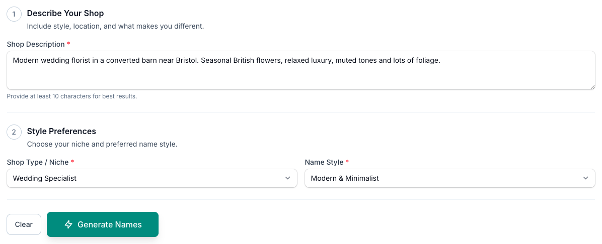 Describe your shop, pick a niche and a name style, then tap Generate Names.