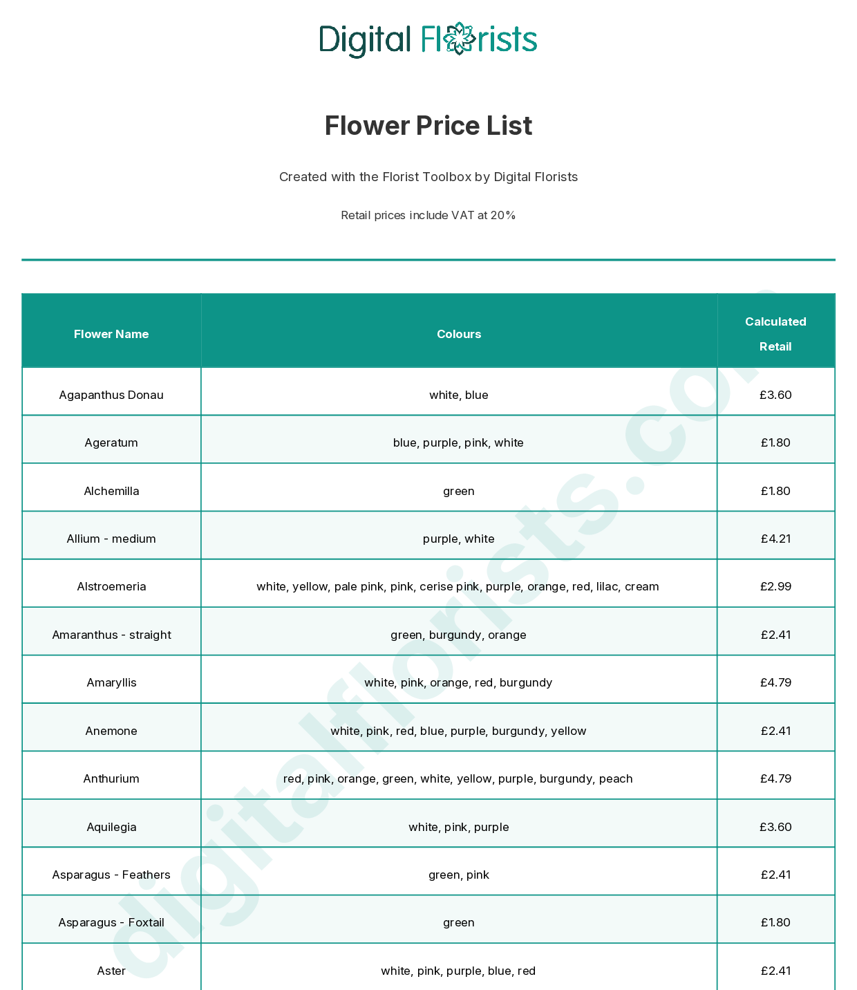 The printed flower price list: each flower's colours and its VAT-inclusive retail price, laid out and ready to print.
