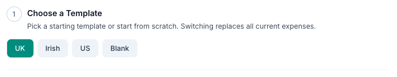 Pick a starting template - UK, Irish, US or Blank. The tool opens on the one matching your account country; switching replaces the whole list.