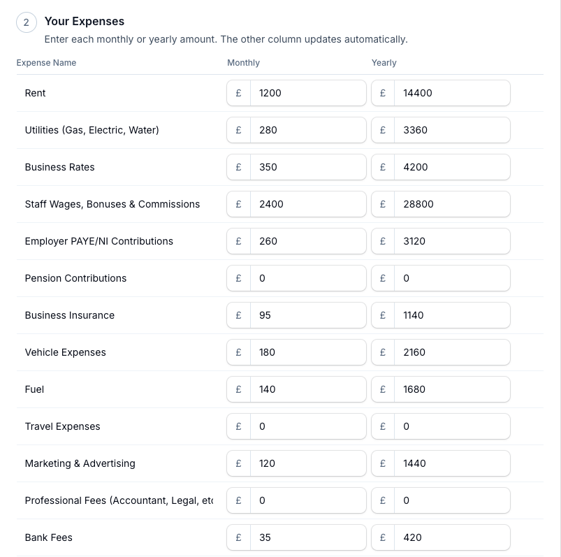 Type each cost in the Monthly or Yearly column and the other fills in automatically. Add a row with Add Expense, or hover a row to remove it.
