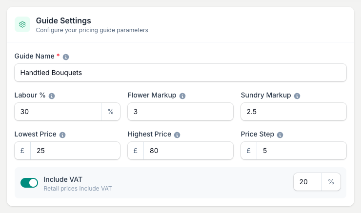 Name the guide, then set your flower and sundry markups, labour percentage and the price range the matrix should cover.