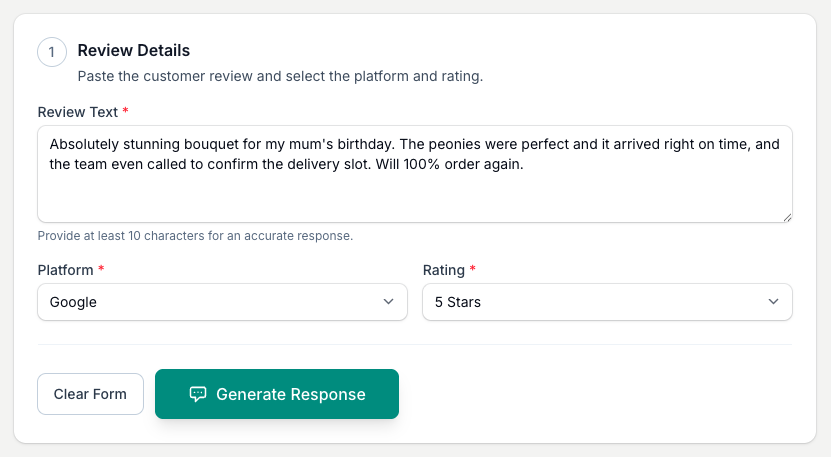 Paste the review, pick the platform it came from and set the star rating the customer left, then tap Generate Response.