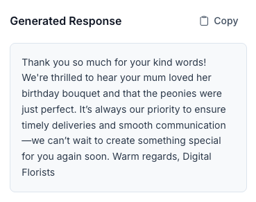 The drafted reply lands on the right, warm and signed off with your shop name, with a Copy button to paste it straight back on the platform.