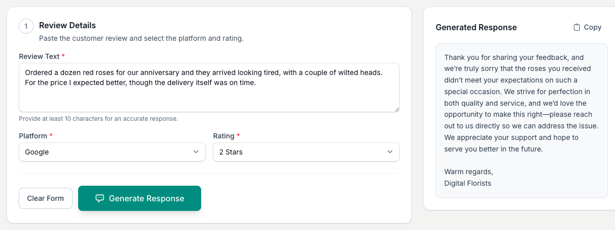 A one or two-star review gets a calm, non-defensive reply that acknowledges the problem and offers to put it right.