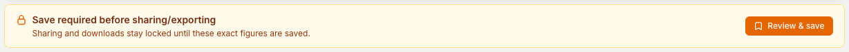 The Save required before sharing or exporting banner, with a Review and save button