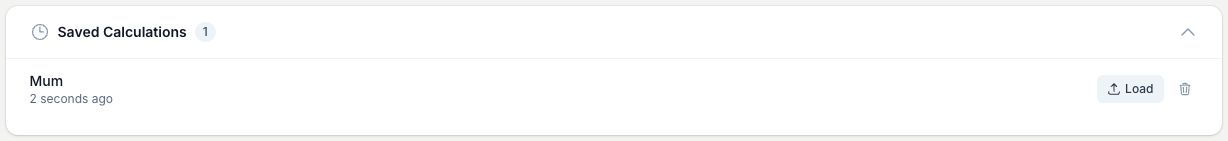 The Saved Calculations list showing a saved entry with a Load button