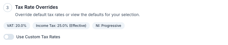 The default VAT, income tax and NI rates for your selection show as chips. Switch on Use Custom Tax Rates to enter your own.