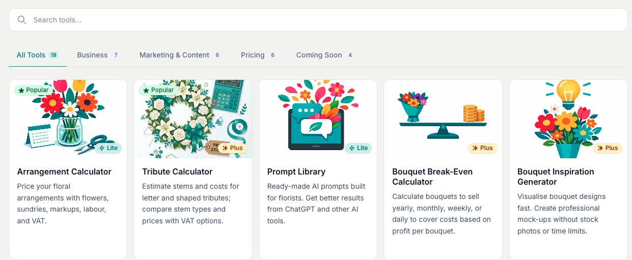 The tool grid with the category tabs and search box across the top, and each tool shown as its own card.