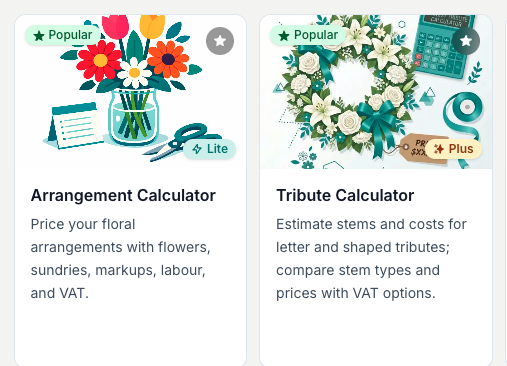 Tool cards showing the plan badge in the bottom-right corner and the star favourite control in the top-right of each image.