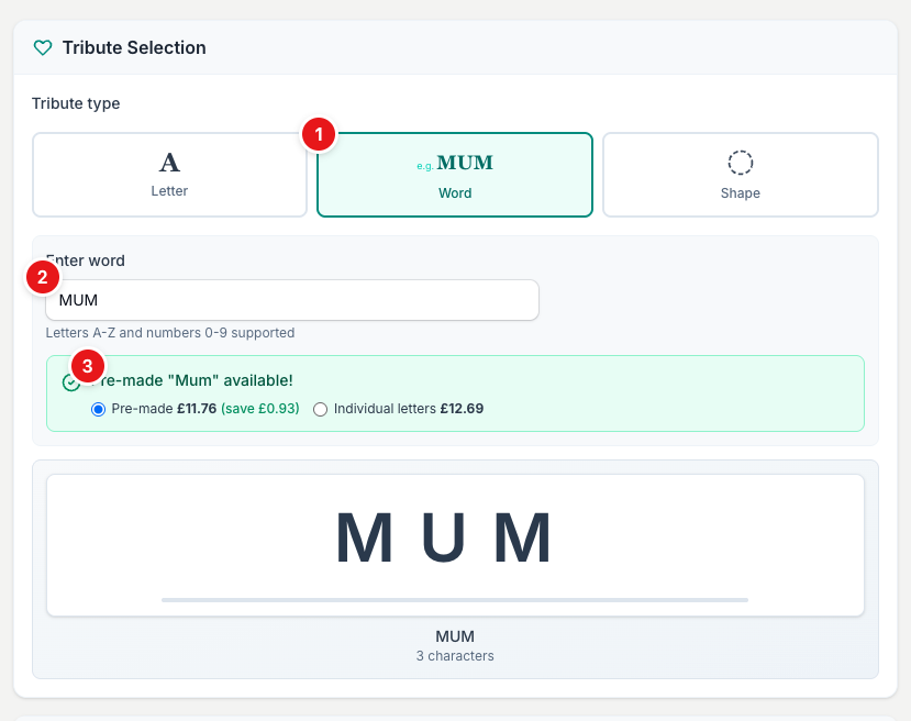 Choose Letter, Word or Shape, then type the name. If a ready-made word base exists, the tool offers it alongside the cost of building the letters, so you can pick whichever is cheaper.