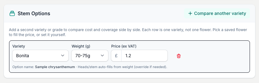 Pick the chrysanth variety and weight grade, then type your own price per stem. Each row is one variety, not one flower.