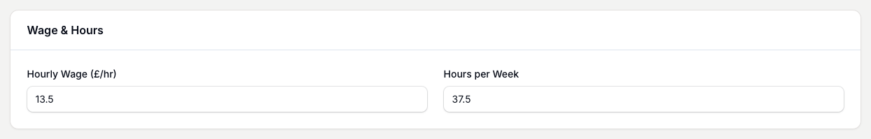 Enter the hourly wage and the hours worked each week. Every other cost builds from these two numbers.