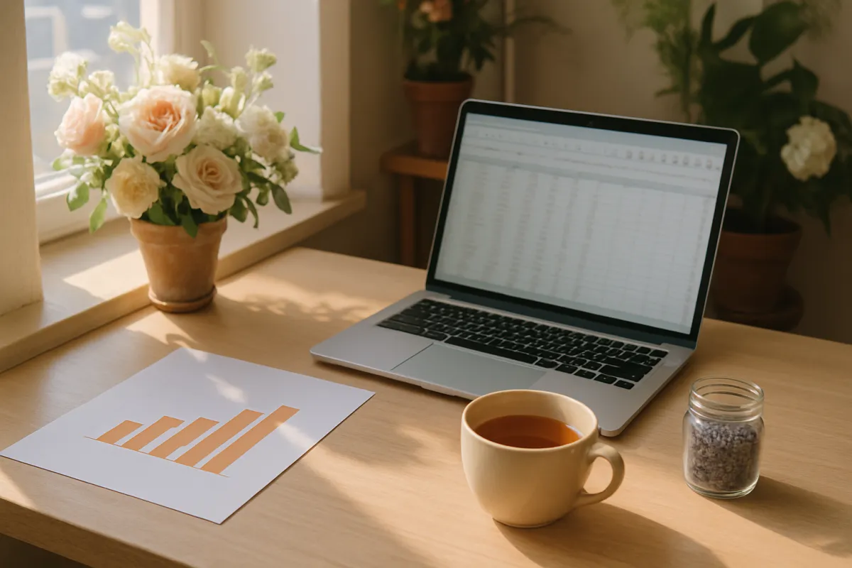 Florist office desk with financial charts, laptop and dried lavender