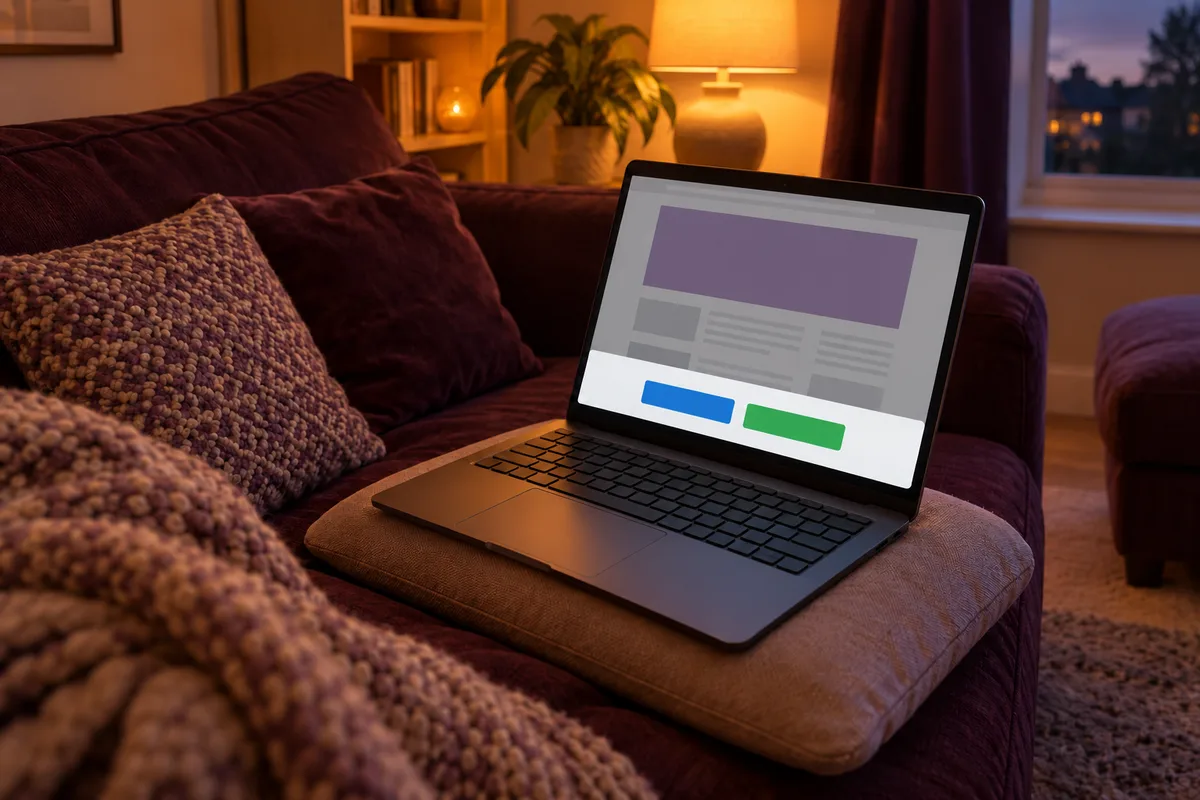 Laptop showing an abstract cookie banner with two equal buttons on a plum sofa in evening lamplight