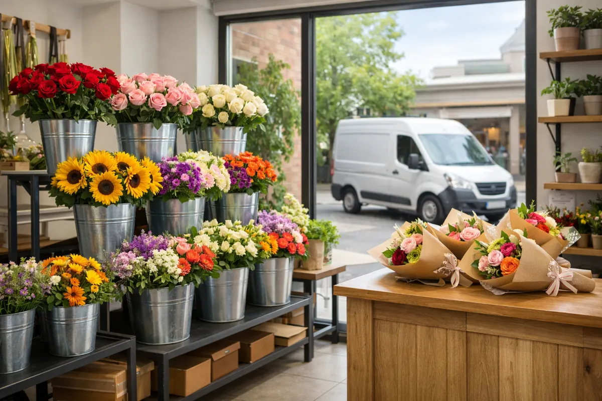 Florist shop interior with displays of fresh flowers and a delivery van visible through the window
