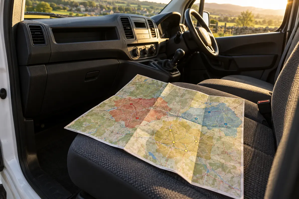 Folded map with coloured delivery zones on the passenger seat of a parked delivery van