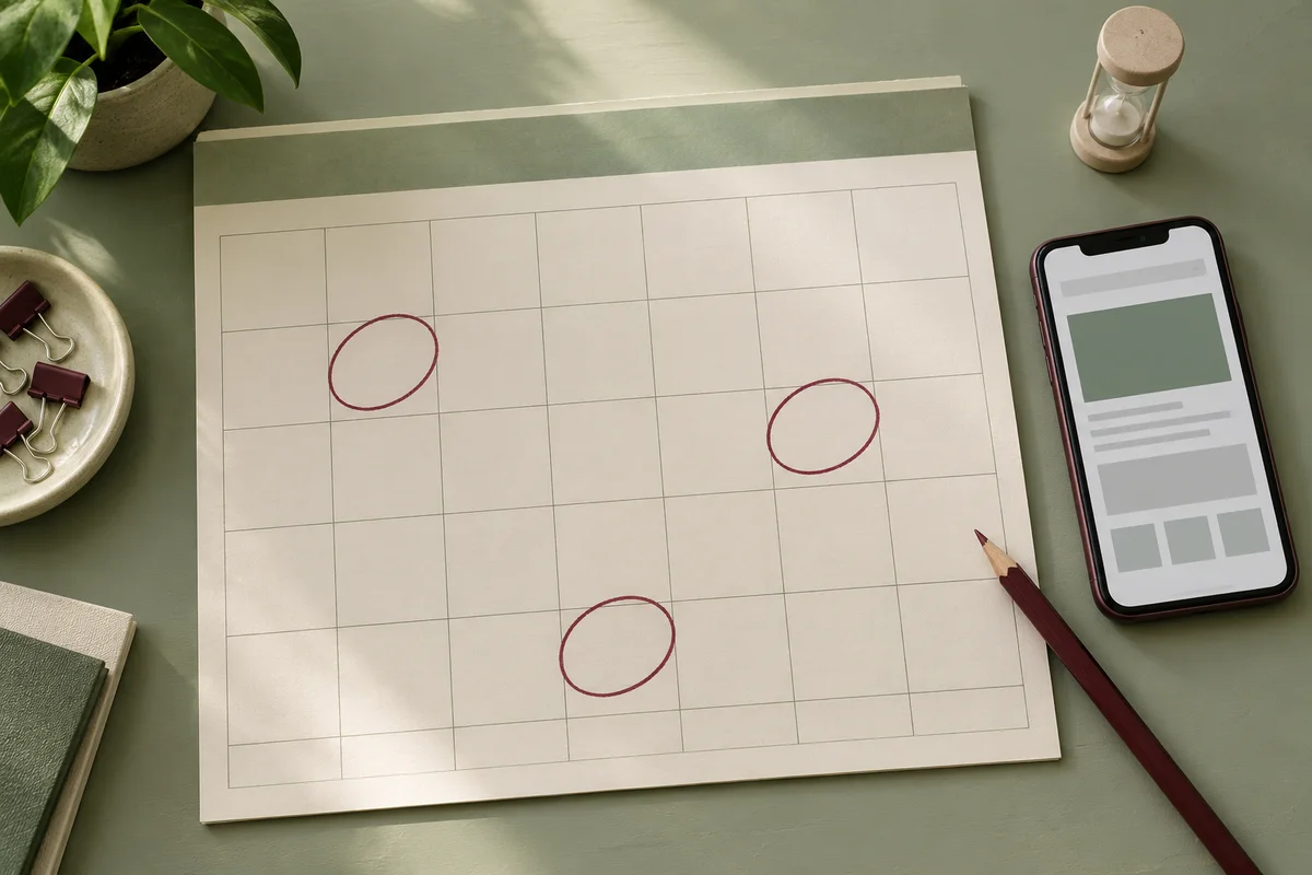 Overhead view of a planner with circled squares, a phone and a sand timer for a pre-peak website check
