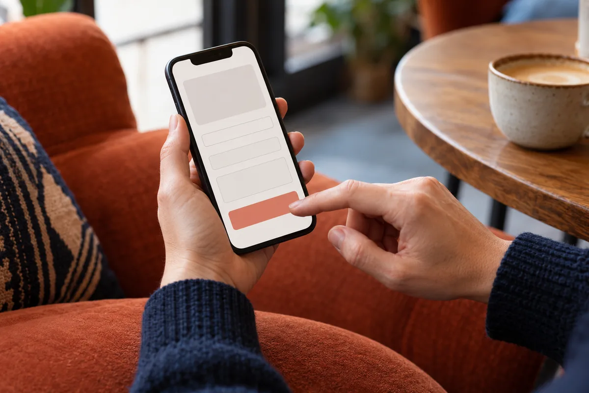 Customer tapping an abstract checkout form on a phone while seated in a cafe