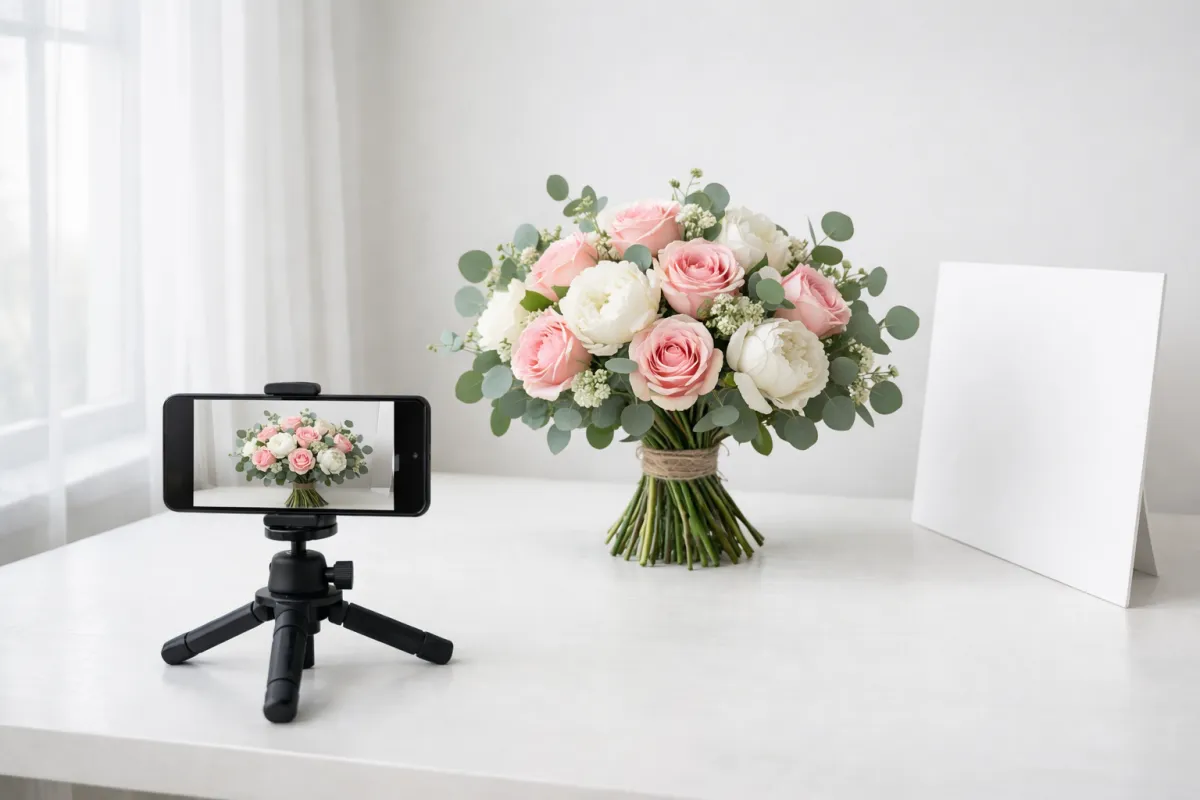 Smartphone on a small tripod photographing a flower arrangement with natural window light