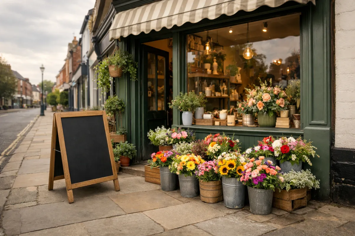 Chalk signboard outside a flower shop with a creative business name