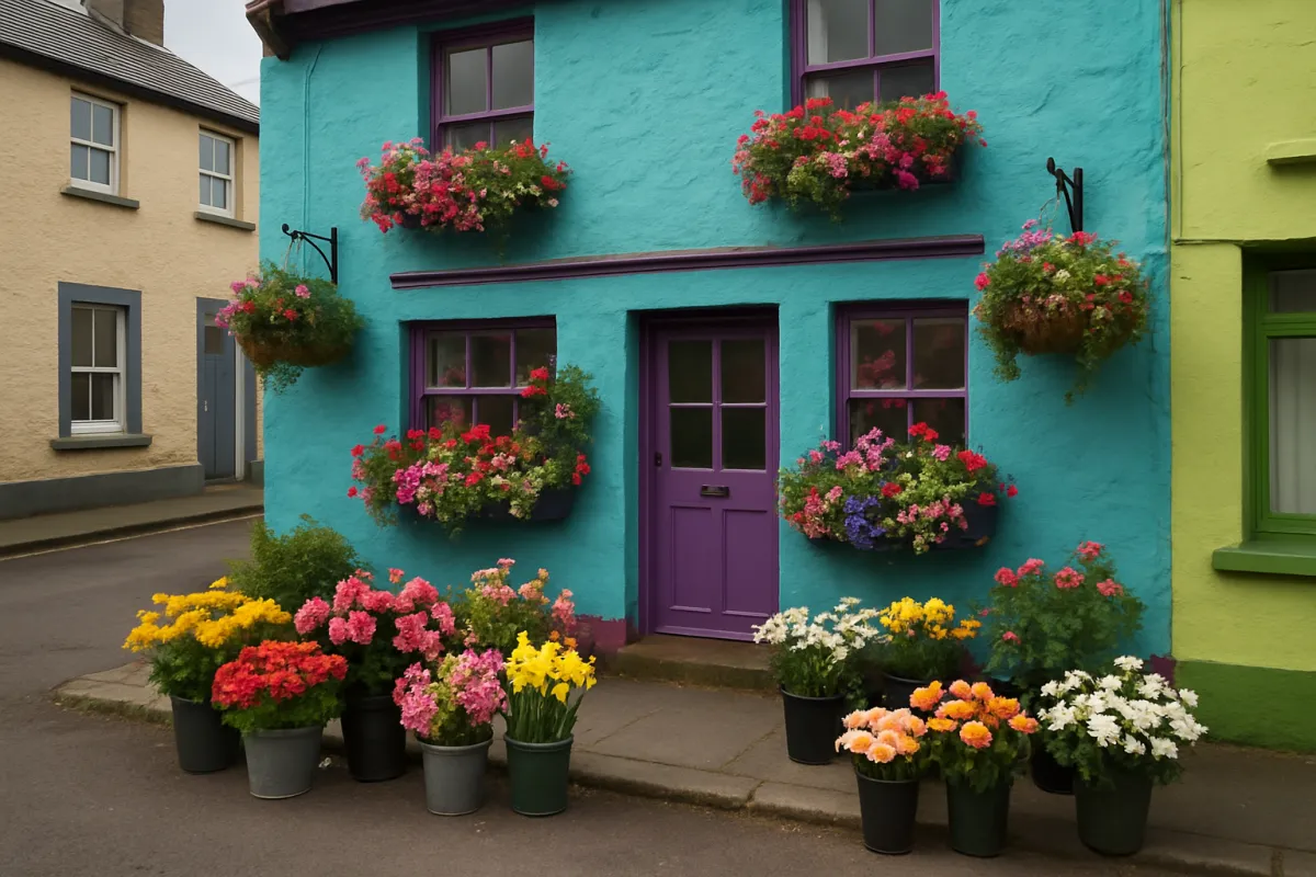 Colourful Irish village flower shop exterior with window boxes and hanging baskets