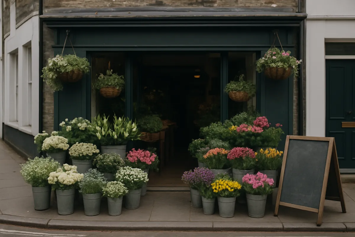 British high street flower shop exterior with buckets of seasonal flowers