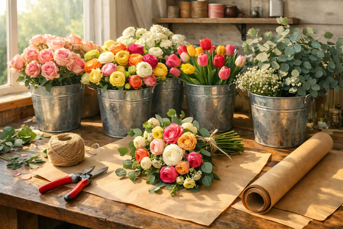 Young florist arranging a hand-tied bouquet at a workbench with buckets of fresh flowers