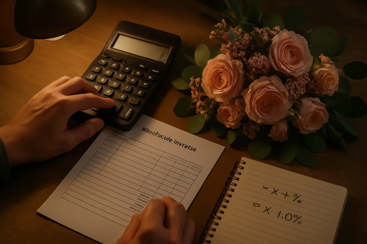 Florist using a calculator beside wholesale invoices and a fresh bouquet