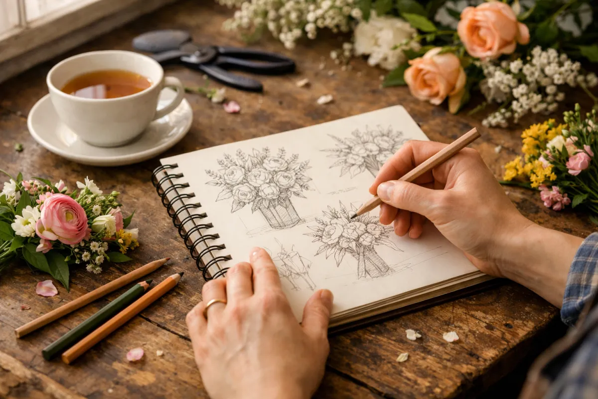 Florist sketching business name ideas in a notebook beside flower arrangements