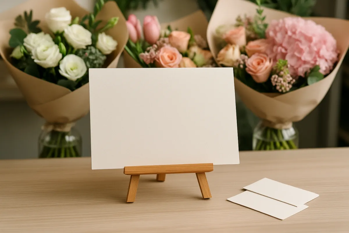 Printed flower shop price list on an easel beside fresh bouquets