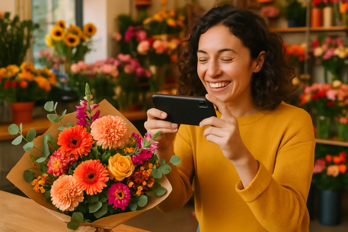 Customer photographing a bouquet on their smartphone in a flower shop
